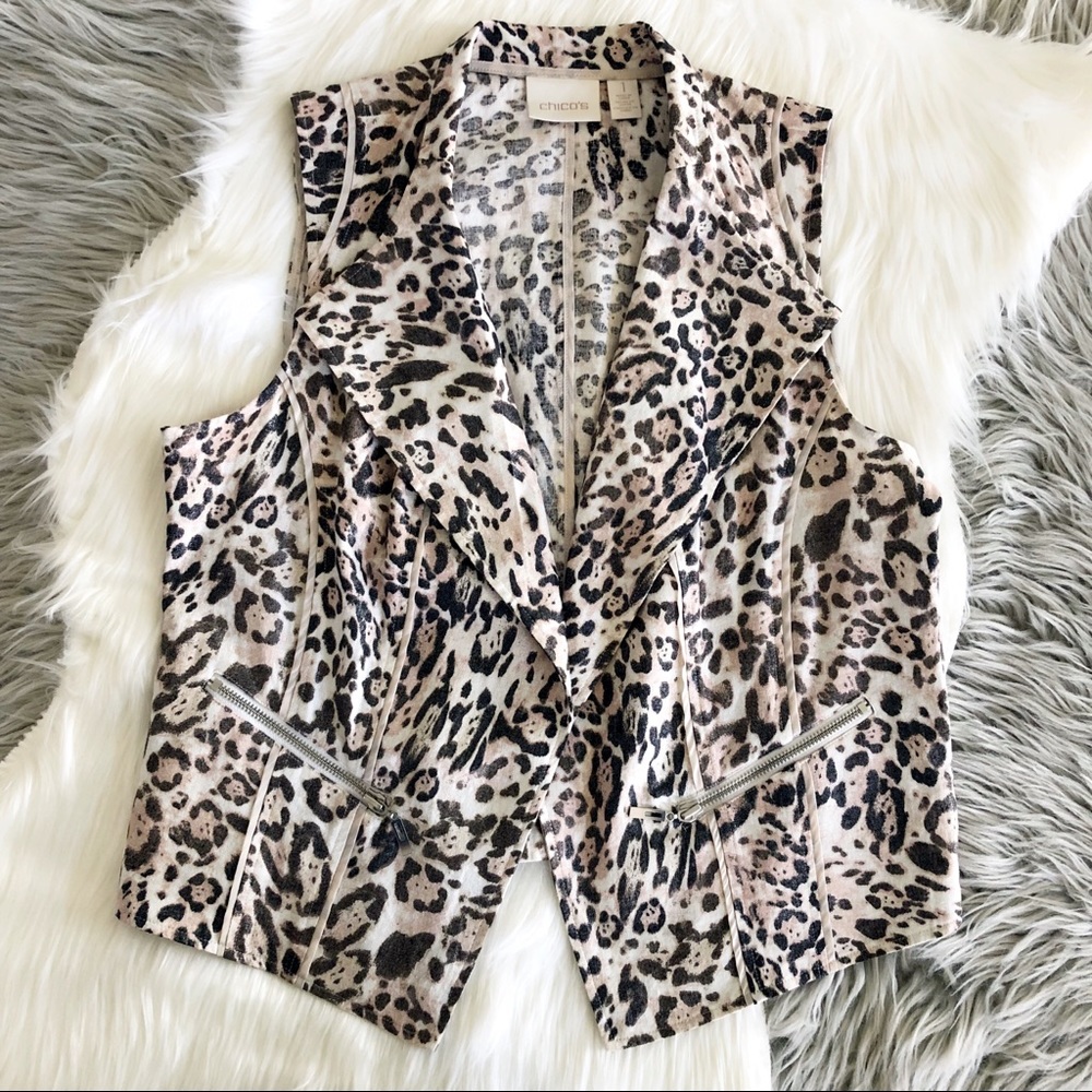 CHICO’S * Leopard Print Linen Open Drape Vest